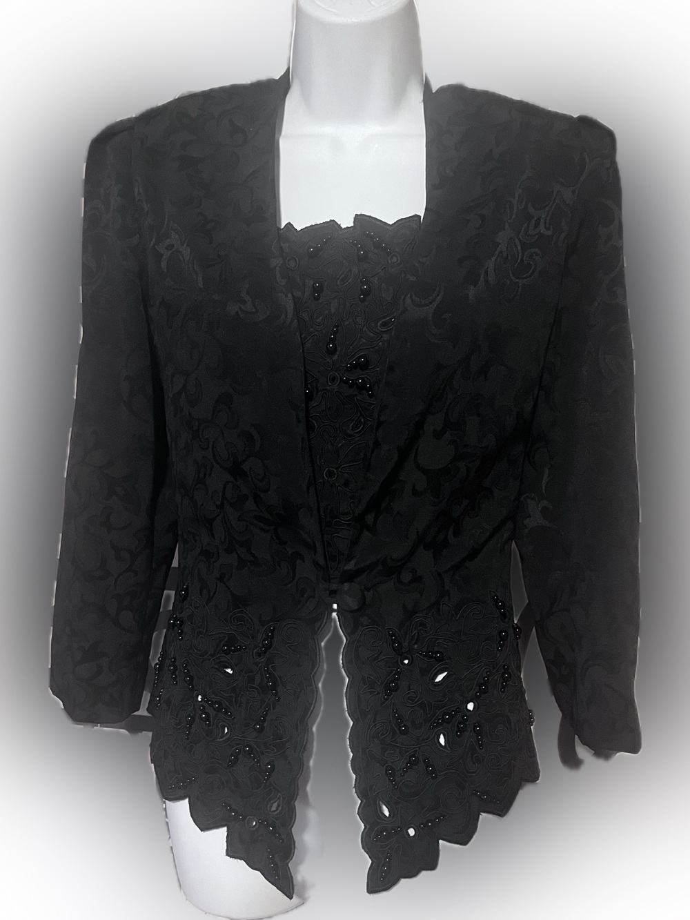 Vintage Black Whimsygoth Blazer with Black Pearls and Lace Cutouts